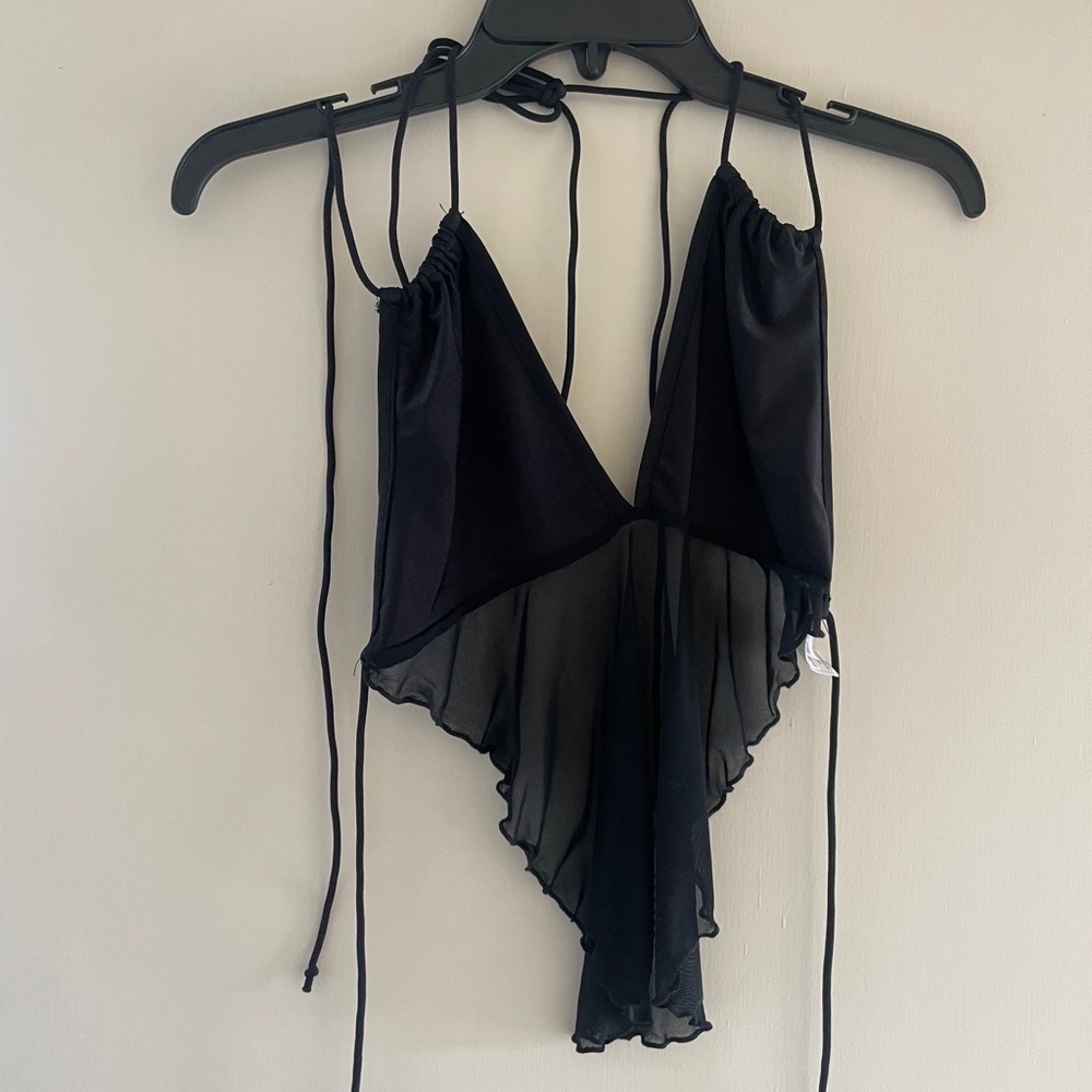 SHEIN Black Asymmetrical Cut Out Backless Sheer Crop Top - Small